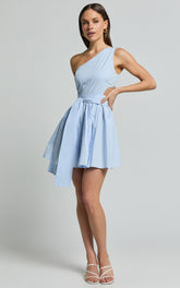 Mauee Mini Dress - One Shoulder Tie Waist Cut Out Dress in Powder Blue